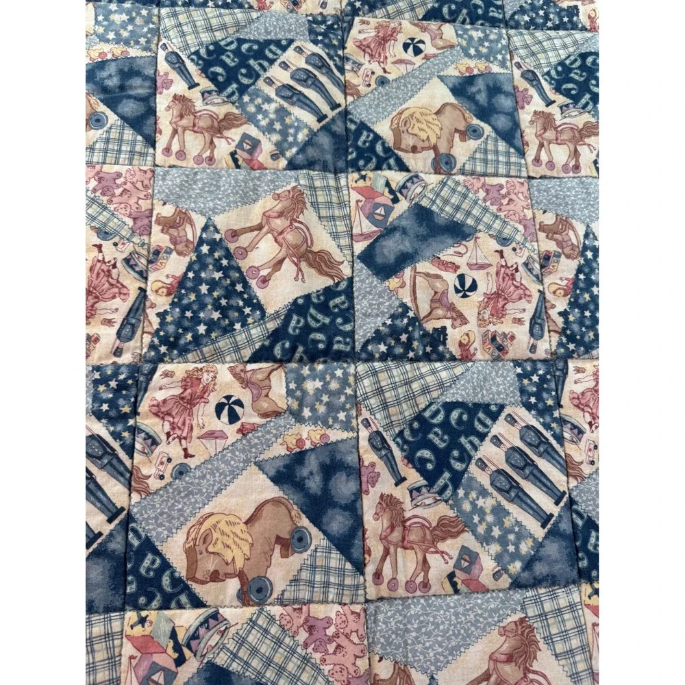 Vintage Toy Patchwork Baby Quilt Blue Satin Trim Rocking Horse Tin Soldier 35x42